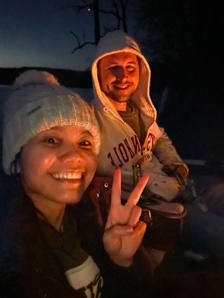 Our first camping trip together.  We were the only tent on site due to 45 mph wind gusts.  A day that reminded us that, "together, we can get through anything"   Since then, we have downloaded numerous weather apps. 