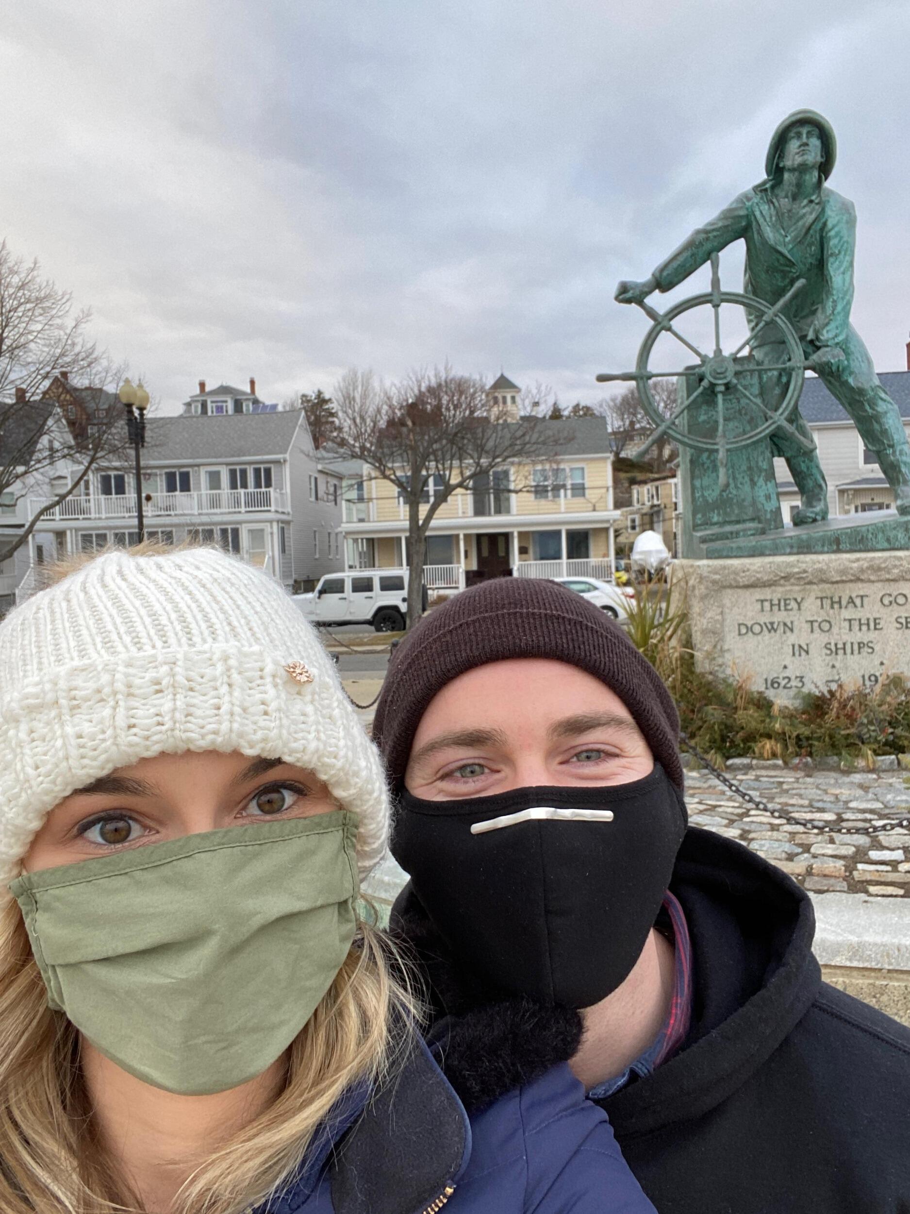 Eventually, Jordan worked up the courage to ask Kim on a date and Kim wisely responded "let me talk to my therapist first." Two weeks later, they were on a first date in a New England winter. In order to keep it a surprise, the only hint Jordan gave was that they were "eskimos on an espionage mission." Kim hates surprises so she quickly figured out this meant dinner in an igloo followed by a scavenger hunt where the clues were riddles around Gloucester. With their step goals met and several bowls of clam chowder sampled, they shared their first kiss at the Dog Bar lighthouse.