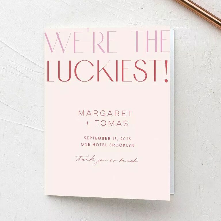 Thank-you card from The Knot Invitations with We're The Luckiest wording
