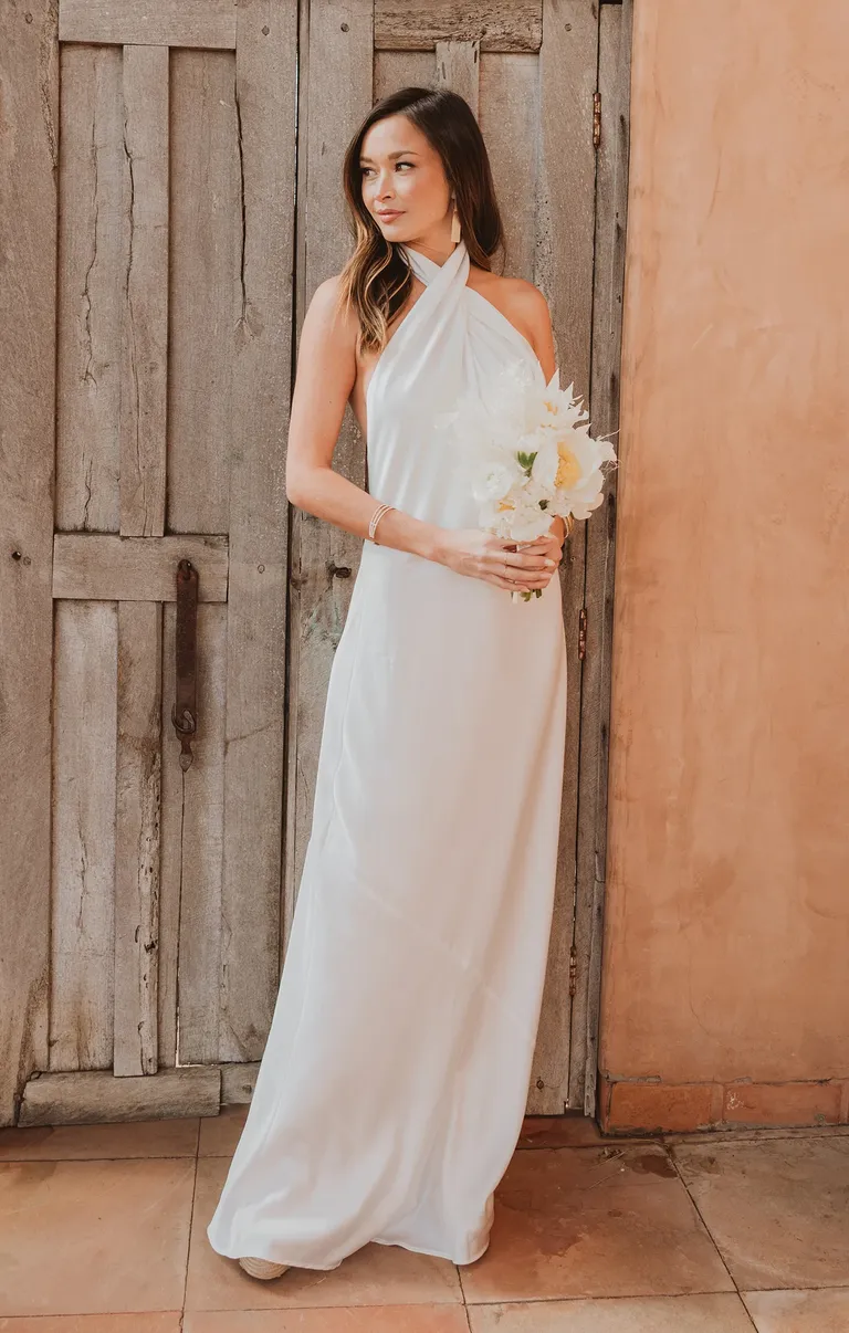 Sleek High Neckline Halter Column Wedding Dress with Open Back