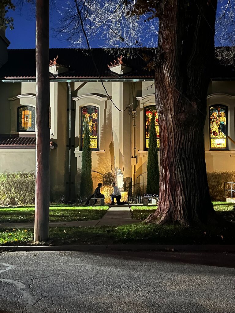 While they were at their home parish, St. Frances Cabrini, Joe asked Kara to marry him in the Marian grotto. They later remembered that November 13th was exactly one year since he had asked her out (for the second time), in addition to being the feast of St. Frances Cabrini, patron of their Church.