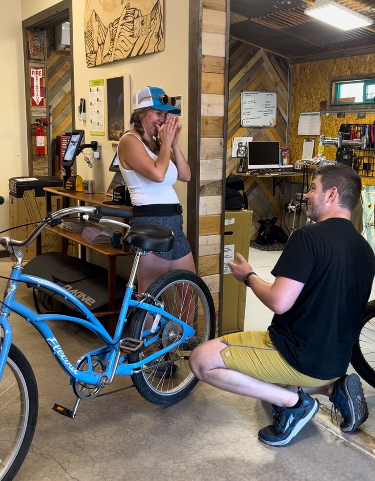Improvised proposal. It wasn't how Chris planned it, but it was a surprise! We started the day biking to Angels Landing, but ended up in a bike shop due to a flat in my tire. He made it work and I'm so glad he did!