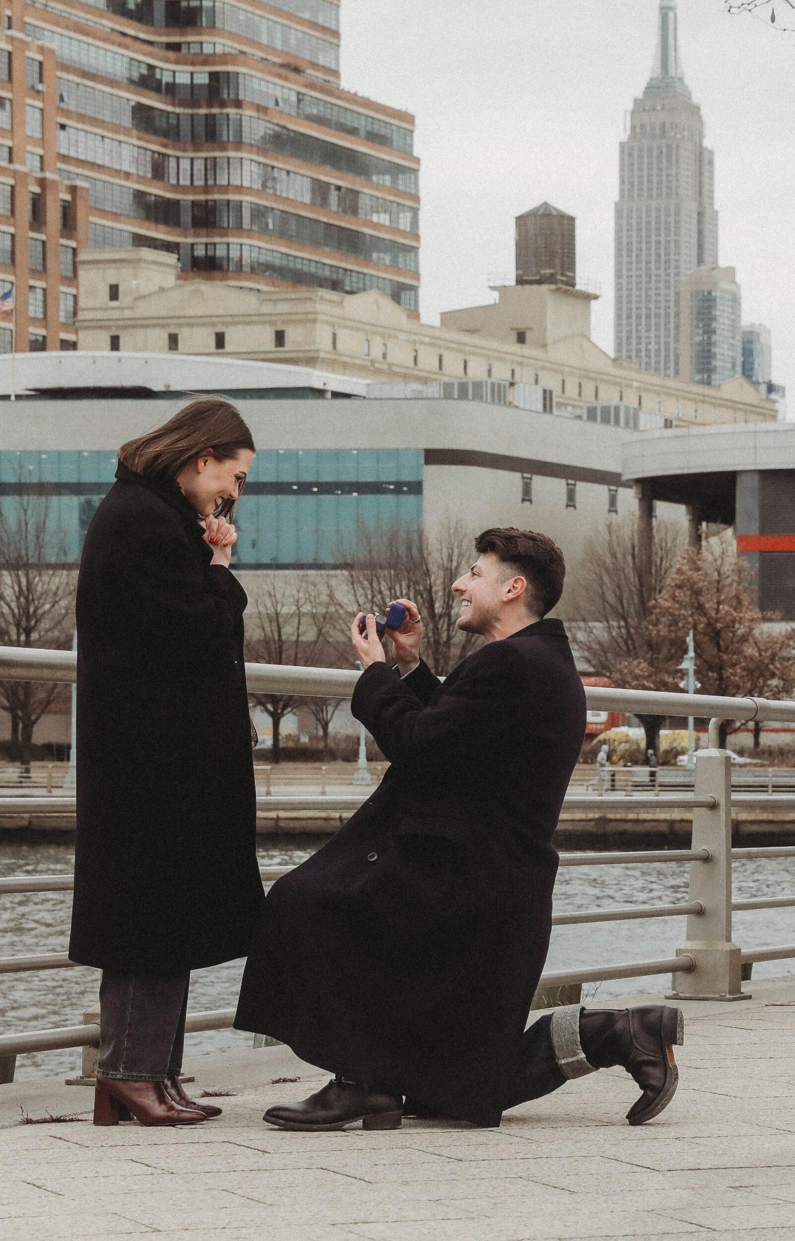 Conner asked Nani to marry him on a chilly February afternoon, overlooking the Empire State Building and the Hudson River. He popped the question at their favorite park in the city where they've spent many hours talking, picnicking, and enjoying the sun together. 