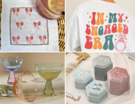 Engagement gift ideas for friend including embroidered pink bow cocktail napkins, engagement era sweatshirt, coupe glasses, velvet ring box