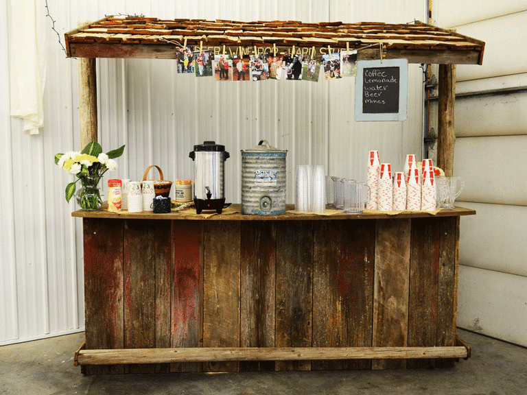 DIY rustic wood bar at casual wedding. 