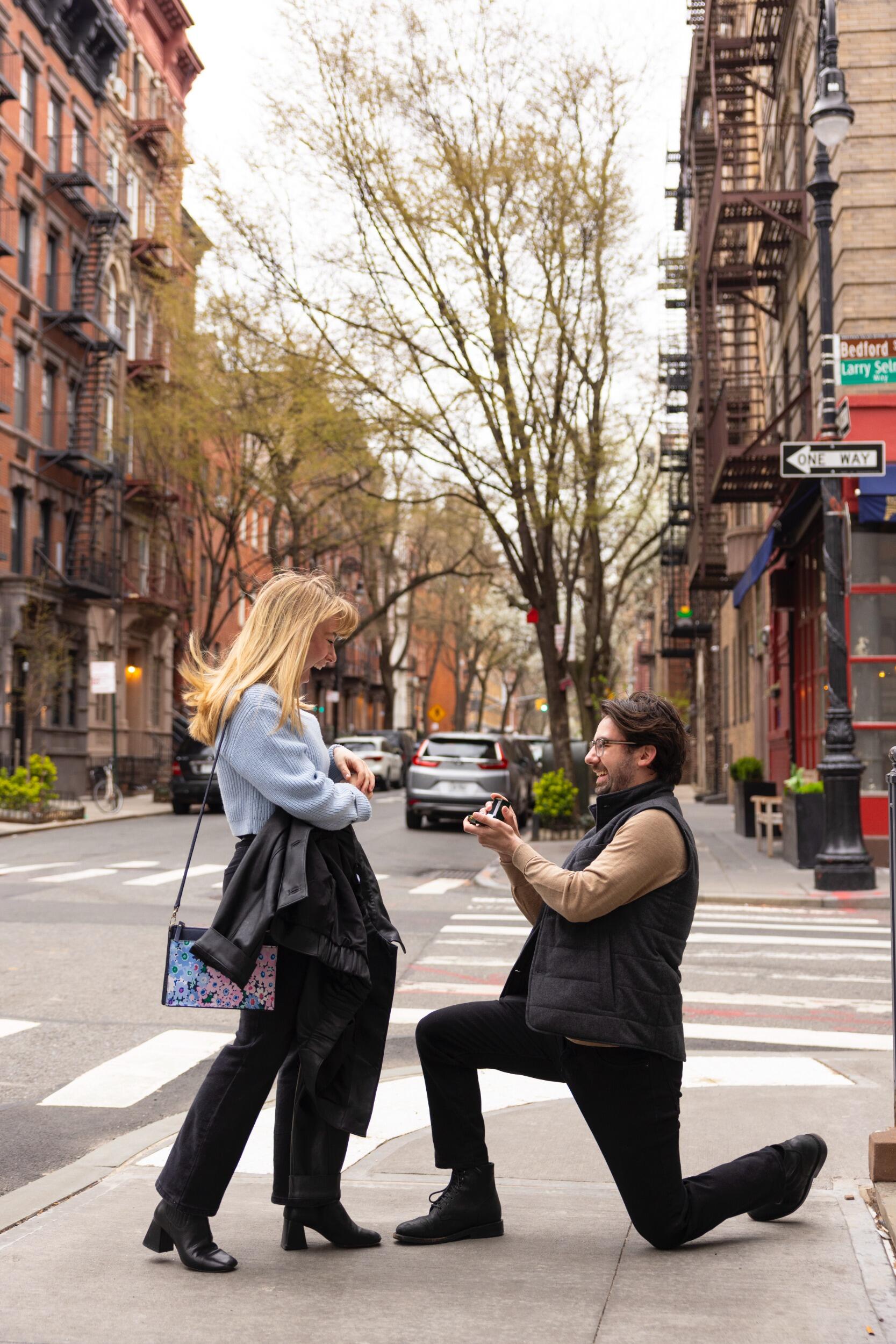 Patrick Proposed in NYC near their favorite coffee and breakfast spot! Later that day...he surprised Caroline with family and friends at their favorite bar, The Dead Rabbit!