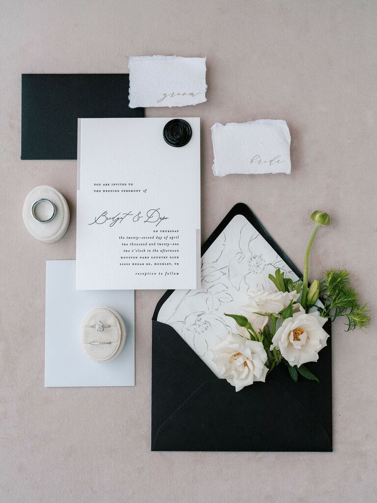modern spring wedding invitation with black envelope, white floral print envelope liner, black calligraphy and wax seal stamp