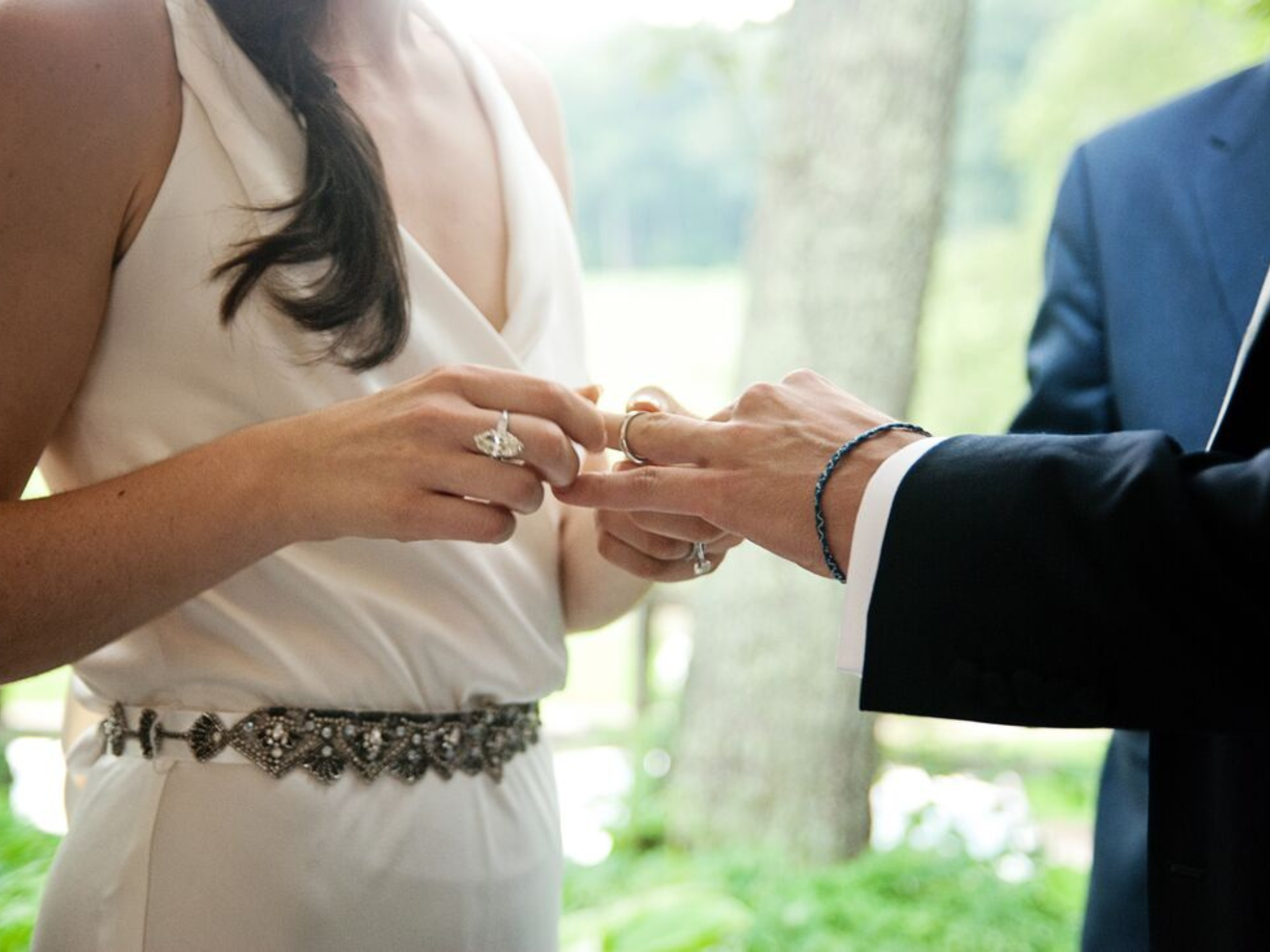 Couple exchanging rings on wedding day
