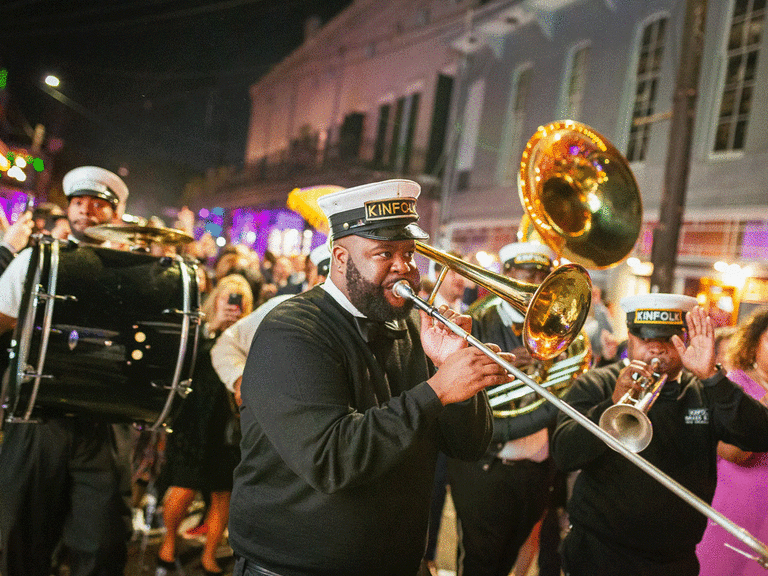Brass band playing music for a New Orleans wedding parade. 