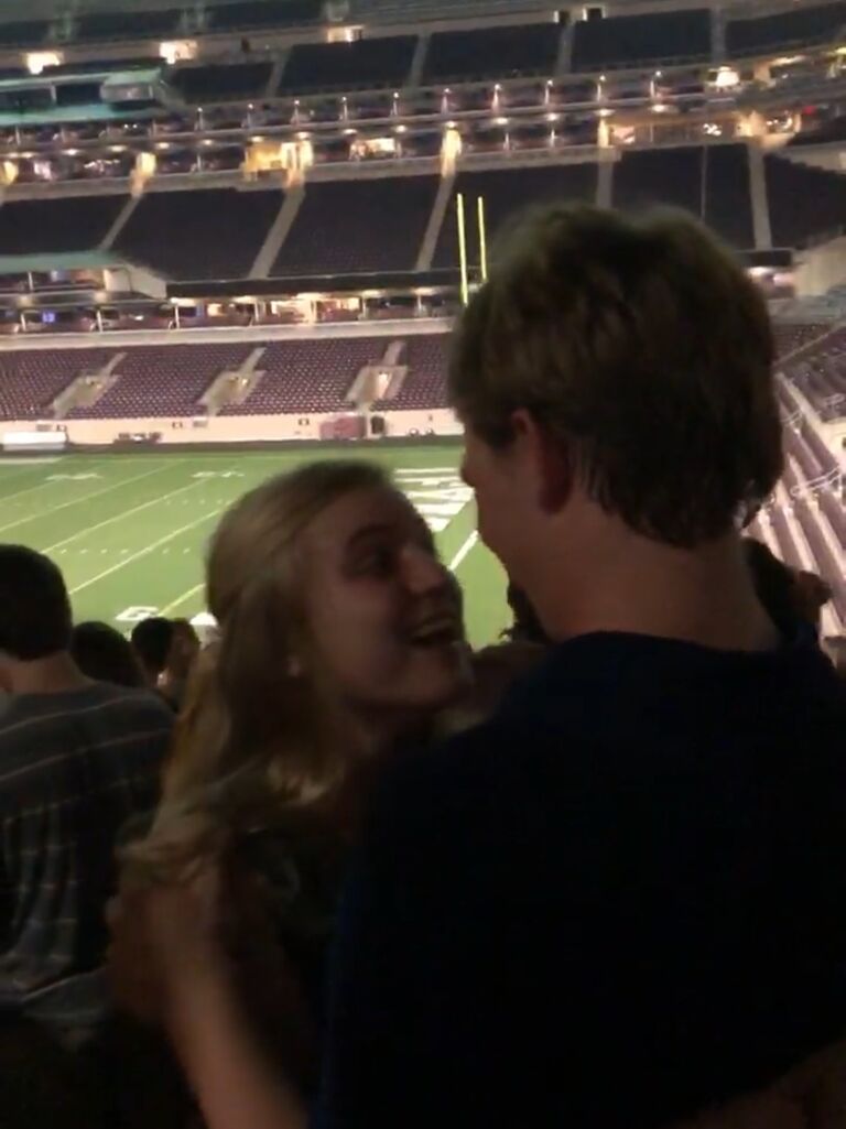 During their freshman year of college, they planned surprise trips to see each other. First, Pryor surprising Aubrey at Midnight Yell...