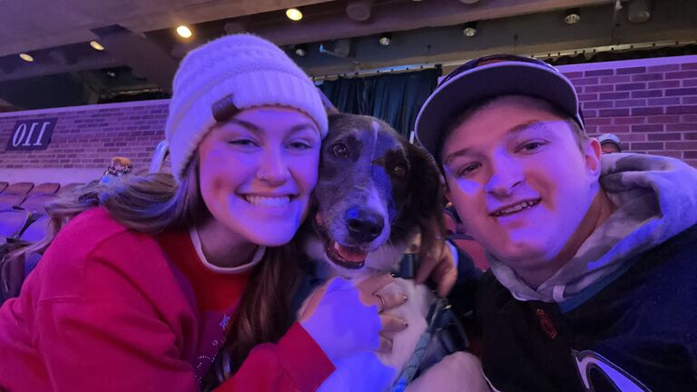 French Fry’s first Thunder Hockey game with his pawrents, supporting the Kansas Humane Society. They won, so clearly he’s their good luck charm!