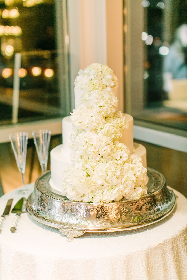 Cascading White Hydrangea Decorated Wedding Cake