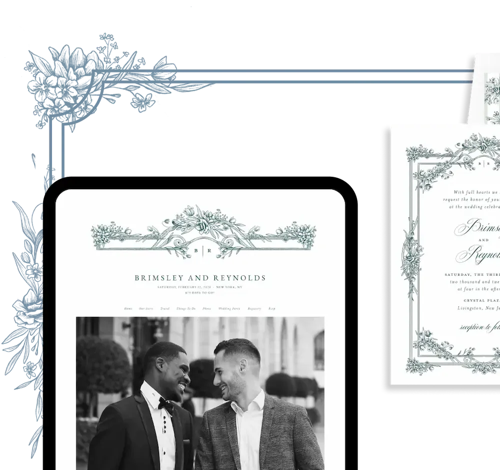Bridgerton-themed wedding website design on mobile
