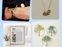 50th birthday gifts for wife: gold smartwatch band, birth flower necklace, tree art, "50 reasons why we love you" framed print
