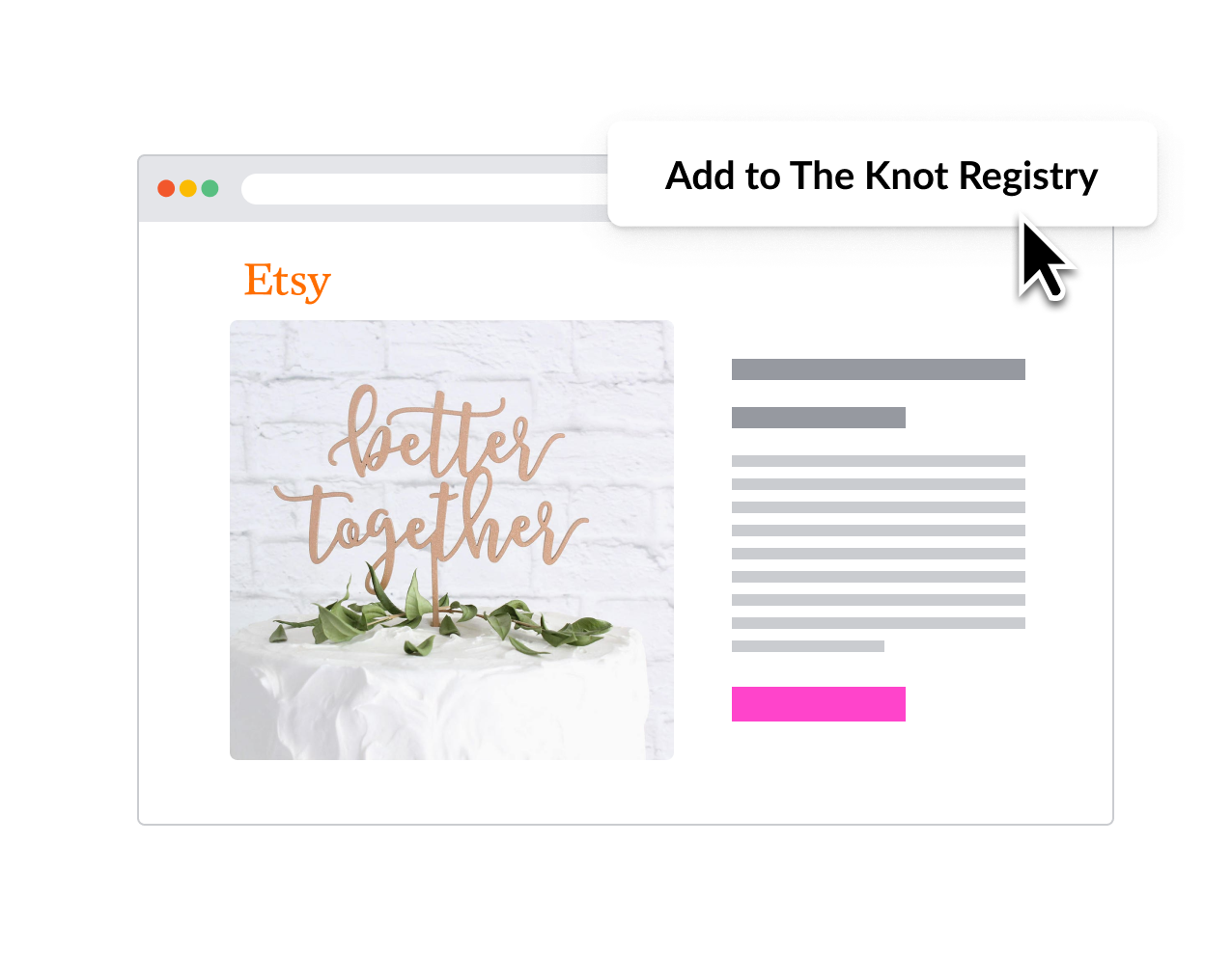 A cursor hovering over a button that says “Add to The Knot Registry” on an Etsy page.