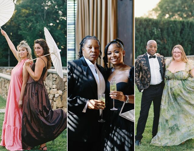 Wedding guests in formal attire posing for photos