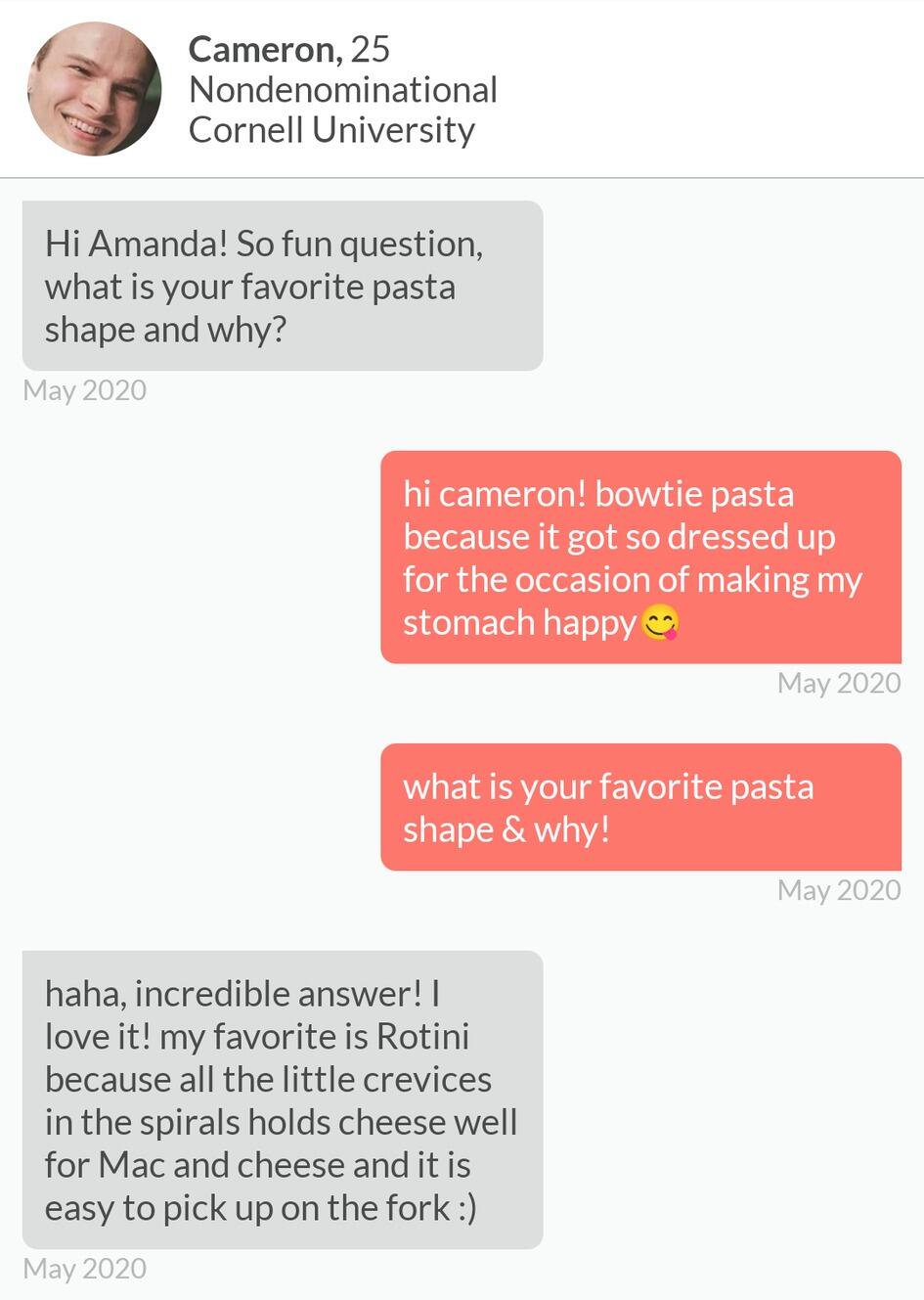 They matched on a Christian dating app called FTH (now called Upward) and had a very important first conversation where Amanda obviously emphasized style and Cameron obviously prioritized the quantity of food.