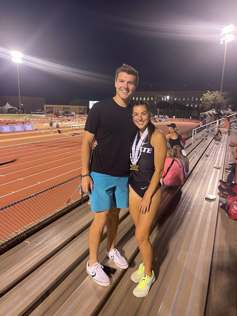 Doesn't matter the school Ethans always supporting. This meet was in Texas at Big 12s where Tommi jumped a personal record with her dad and Ethan in the stands. Doesn't get much better than that! 