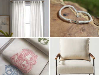 Collage of four linen anniversary gift ideas including curtains, bracelet, chair, and tea towels