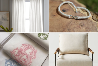 Collage of four linen anniversary gift ideas including curtains, bracelet, chair, and tea towels