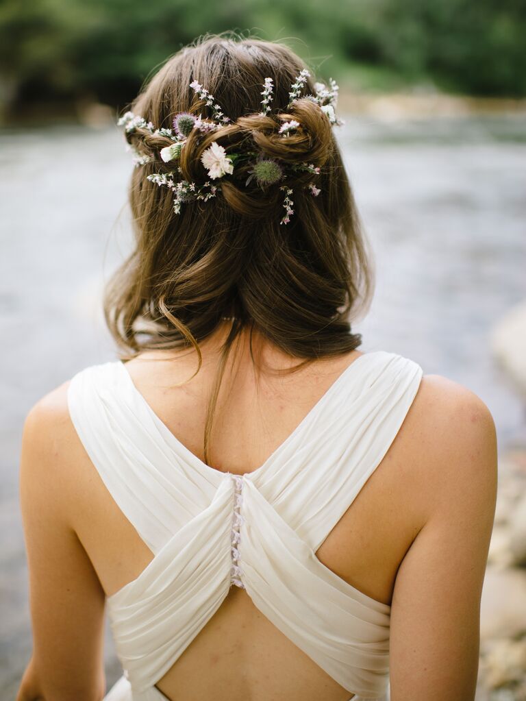 Bride with wildflowers in her hair.