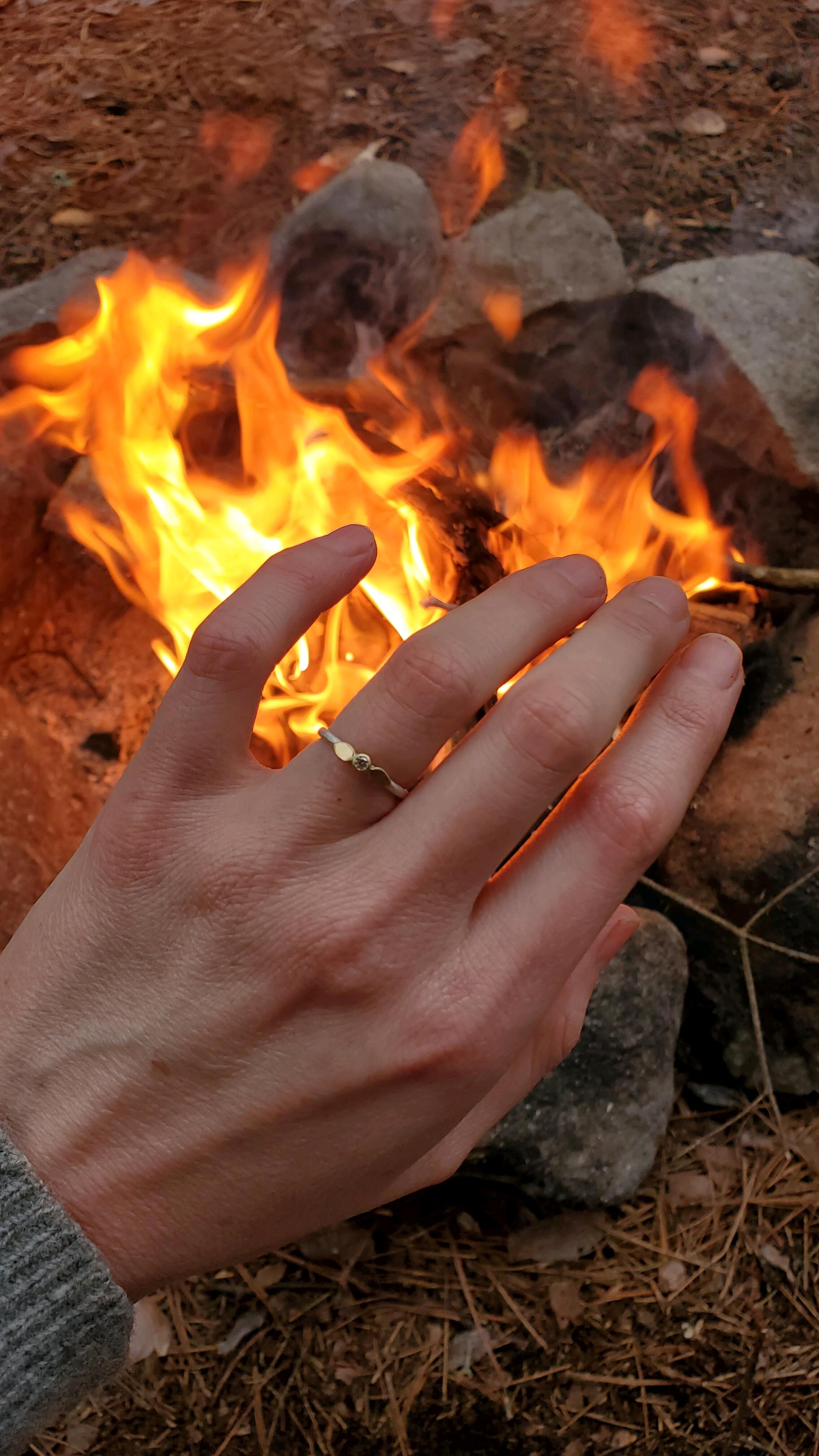 We got engaged in front of a campfire surrounded by trees <3