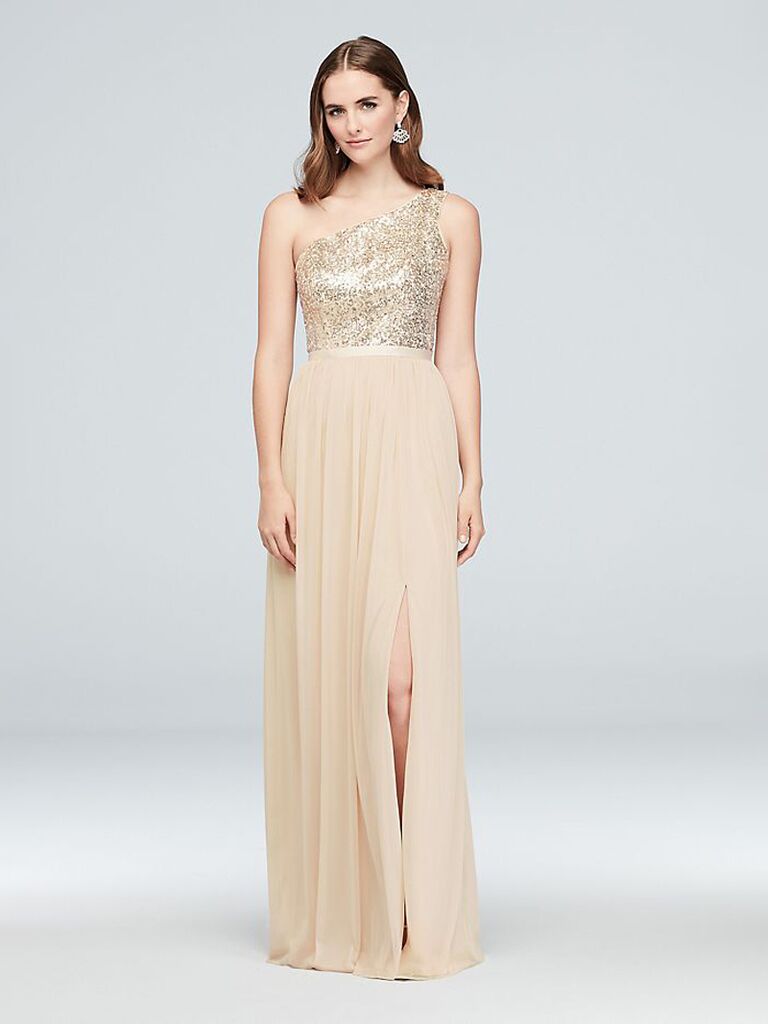david's bridal one shoulder gold bridesmaid dress with mesh and sequins