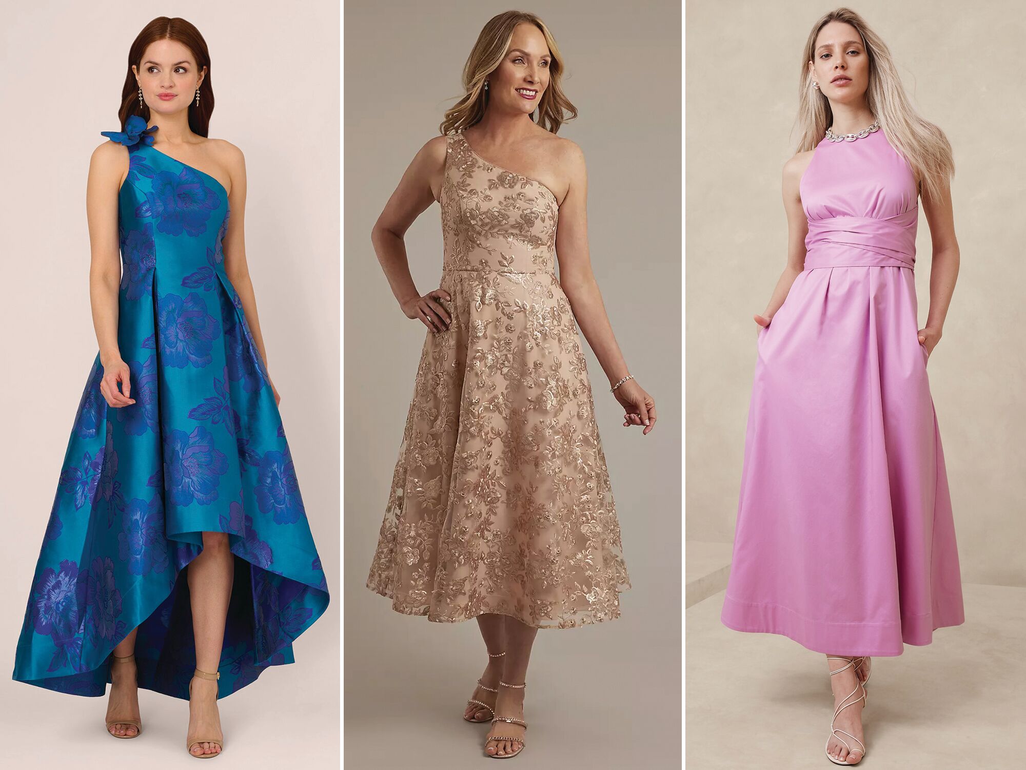 Three tea-length mother-of-the-bride dresses