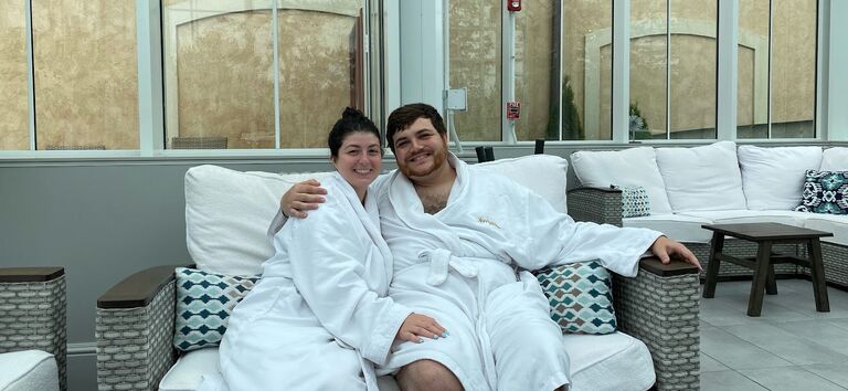 Dylan and Mariana celebrate one year until their wedding at Mirbeau Spa in Plymouth, MA with Dylan's parents. 