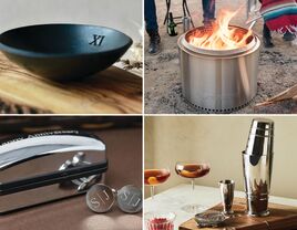 Four steel anniversary gifts: a trinket bowl, a portable fire pit, a cocktail making set, and cufflinks