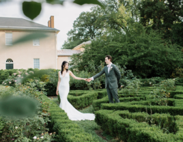 Bride and groom standing in maze at Tudor Place Historic House & Gardens small wedding venue in Washington DC