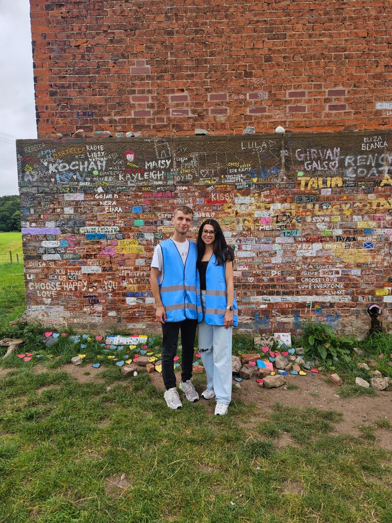 Kara and Drew on the Harry's Home walking tour in Holmes Chapel, Cheshire, England. 