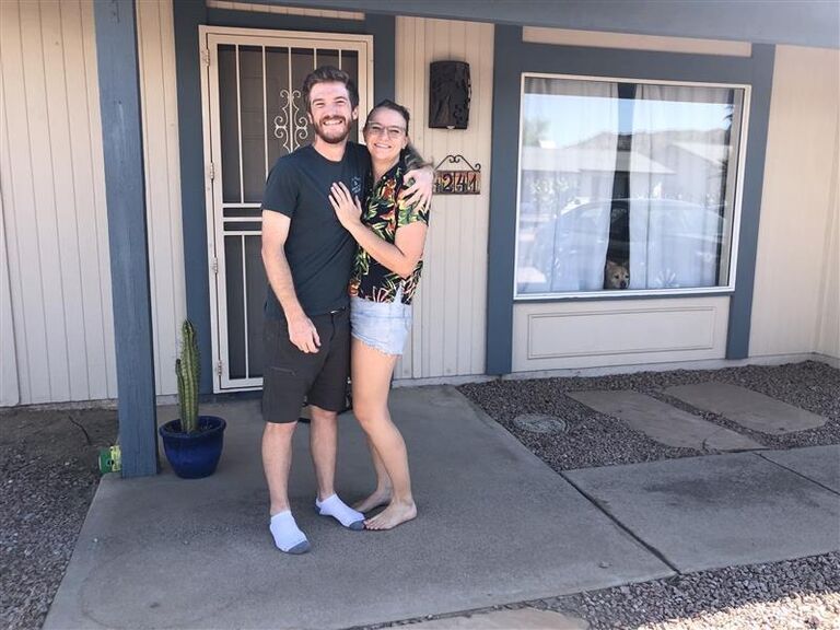 Galen and Eve buy Galen's parents' house in Ahwatukee, AZ - Alison and Steve Geislinger move to Sun Lakes, AZ. Here they are pictured not knowing they would have to replace the water heater not once, but twice, later that night (thanks again, Steve, for your help!!).  Booker keeps a close eye on them through parted curtains.