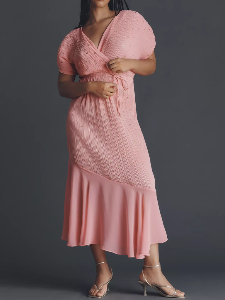 Never Fully dressed pink wrap front midi petite wedding guest dress