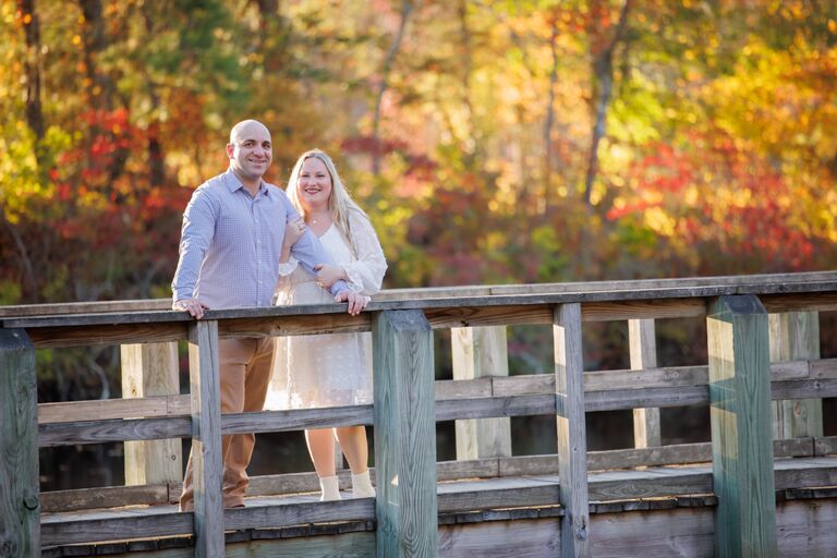 Engagement photos are taken at Birch Grove Park in Northfield, NJ. 