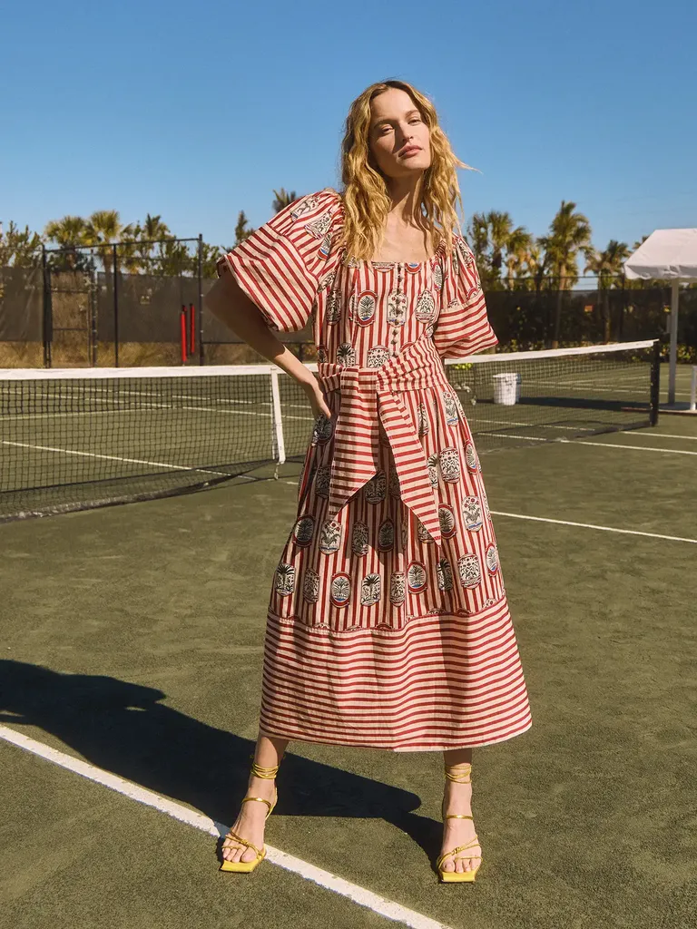 Red striped puff sleeve midi mommy and me dress for wedding from Hunter Bell