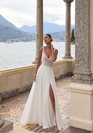 Beaded A-Line Gown with V-Neck and Plungeline and Flowing Chiffon Skirt