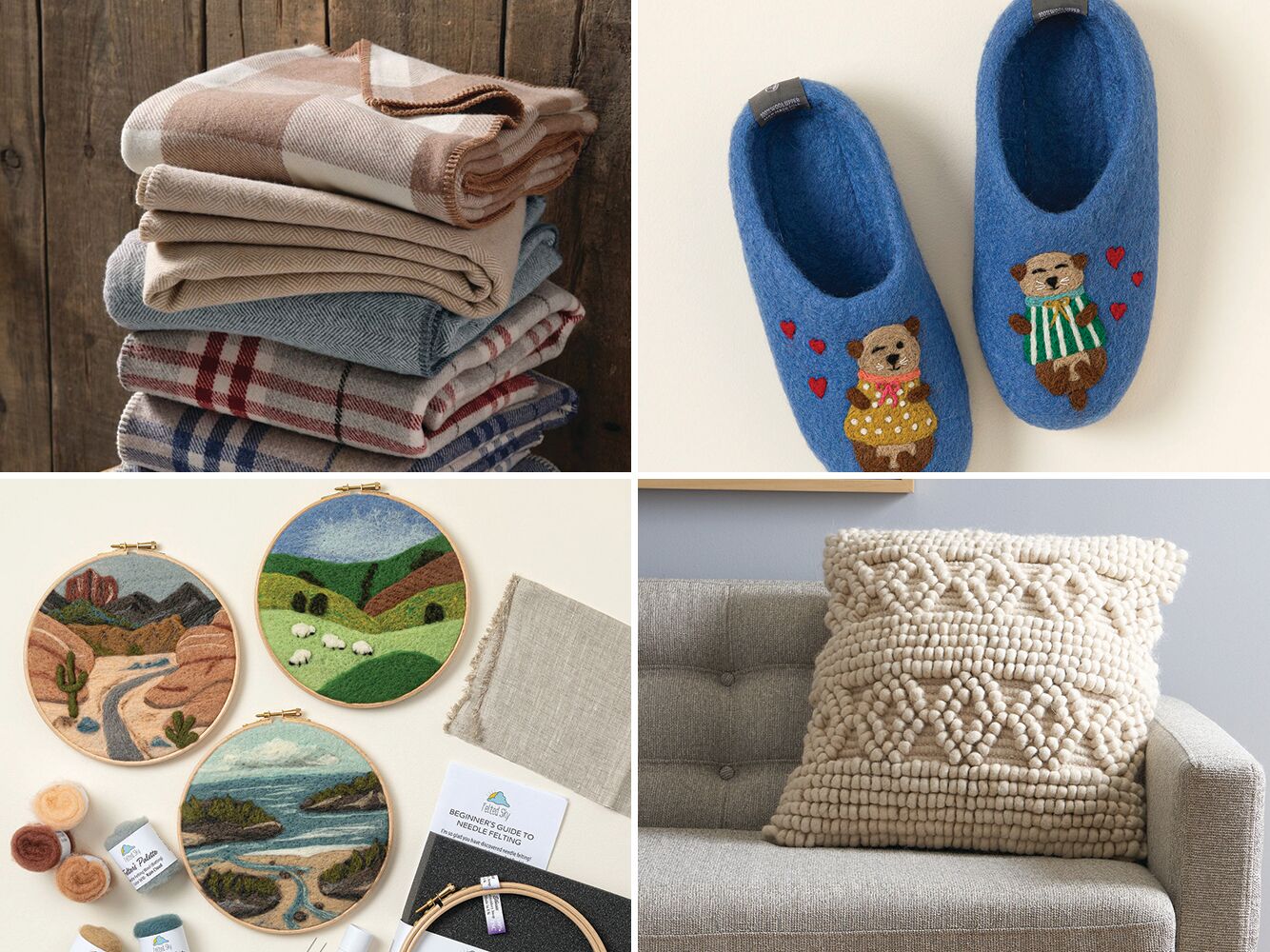 Four wool anniversary gifts: blankets, slippers, pillow, needle felting kit