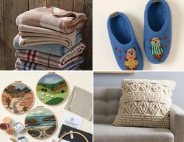 Four wool anniversary gifts: blankets, slippers, pillow, needle felting kit