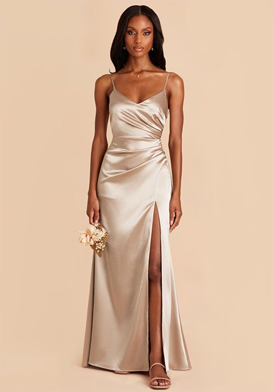 Catherine Shiny Satin Dress in Neutral Champagne