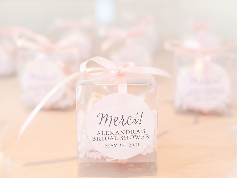 bridal shower favors box with pink ribbon and label reading merci! alexandra's bridal shower