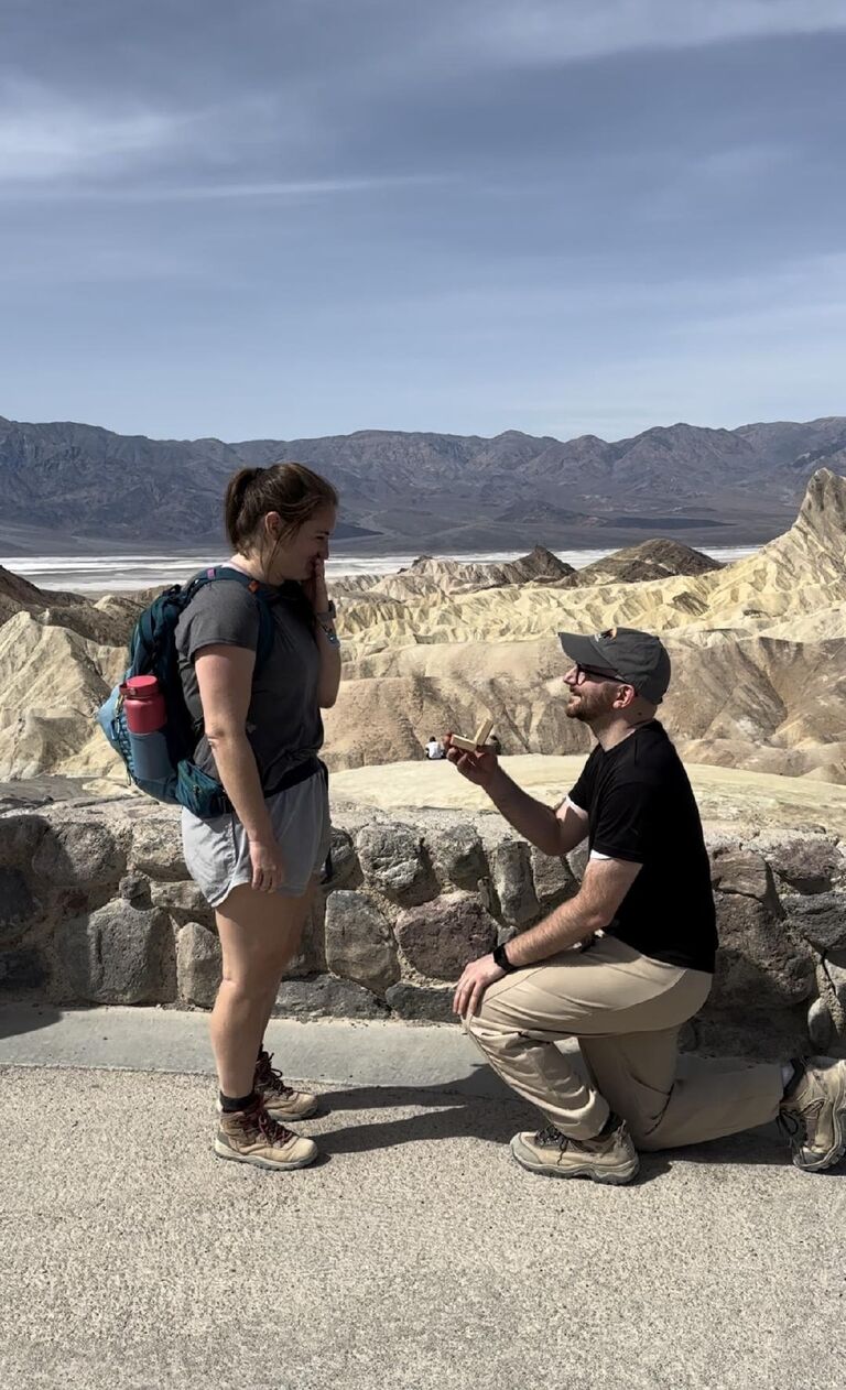 After a three-hour hike in Death Valley, and at the top of Zabriskie's Point, Phillip asked Kylie to marry him, and she said yes! 
