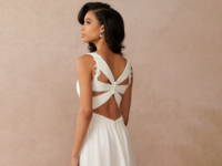 Chiffon gown with plunging neckline and back cutouts