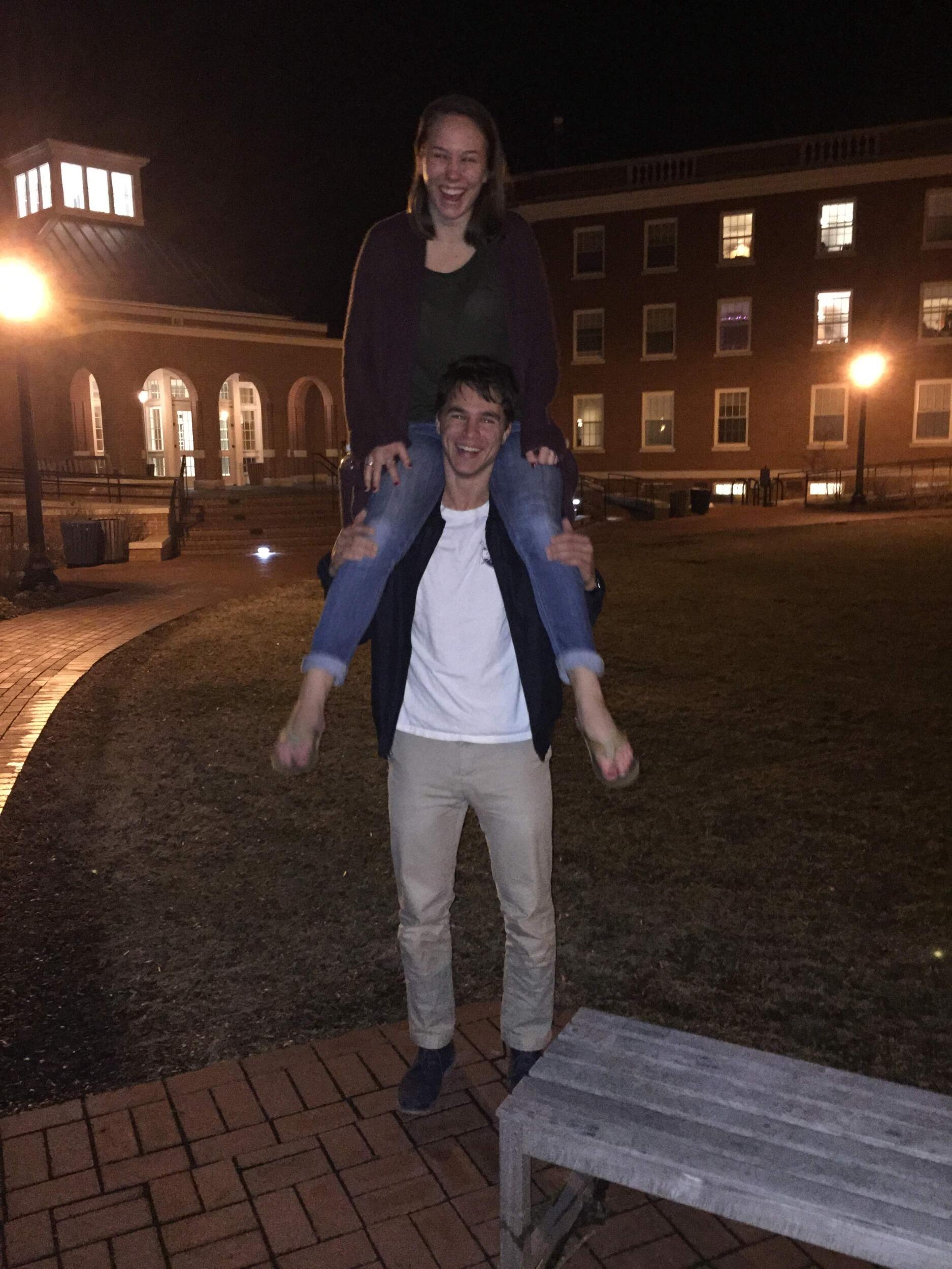 Emily and Noah become fast friends at the University of Mary Washington. While they both deny they have feelings for the other, Noah takes a keen liking to throwing Emily on his shoulders and running as fast as he can...
