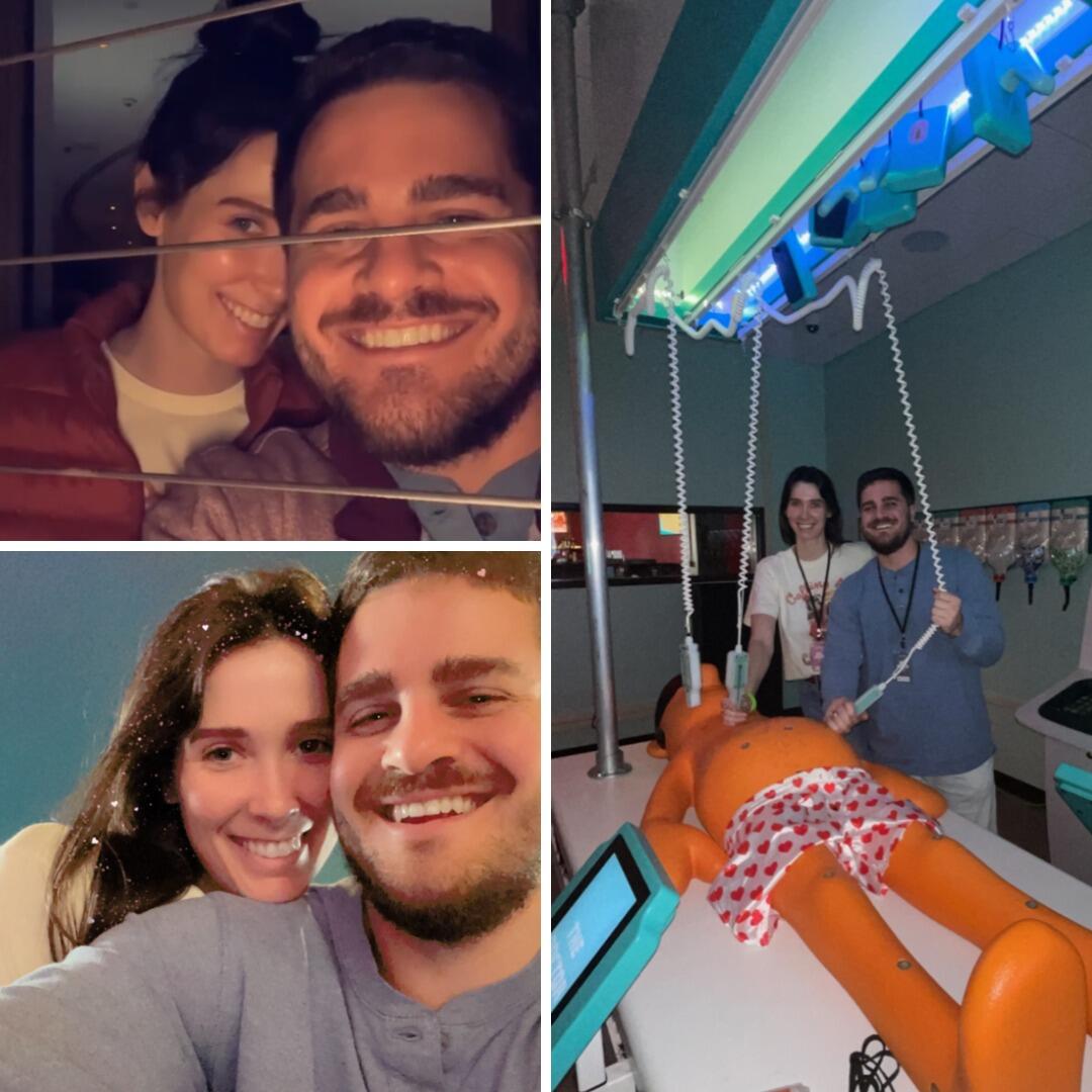 For Valentine's Day, Sarah came to visit Ben. They went to Dallas Fort Worth, Texas for the weekend. Ben picked her up at the airport and the first day started with a delicious brunch of Valentine's pancakes and Valentine's cocktails. Then, they drove down to the Fort Worth Stockyards. Later that evening, they went to the rodeo. The next day, they went to a place in Dallas to play all sorts of games from virtual reality to performing a silly surgery. They had a lot of fun. That night, Ben took Sarah up on top of the Reunion Tower to end their weekend together. This was the first of many more Valentine's Days together.