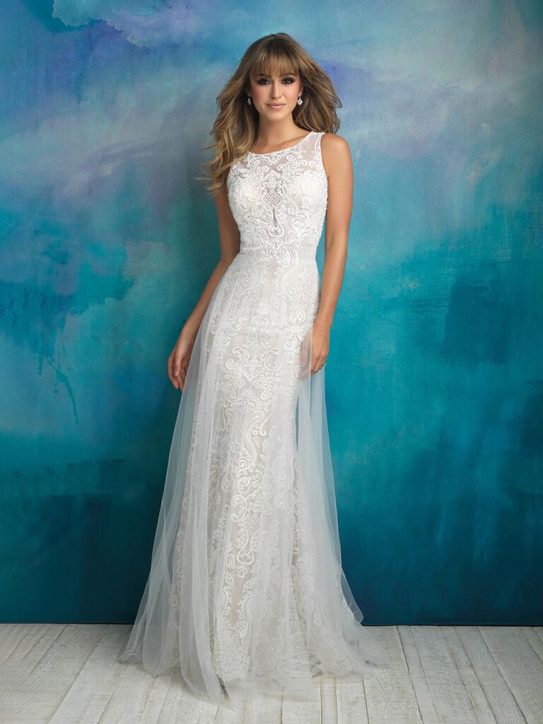 allure white sheath wedding dress with thick straps high lace mesh neckline sweetheart dress neckline lace chest and flowy lace tulle skirt