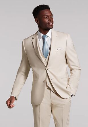 ivory groomsman suit with light blue tie