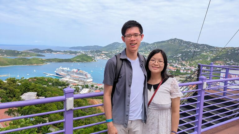 Enjoying the breathtaking views of the Caribbean from our cruise trip. The vibrant blue waters and lush islands created a stunning backdrop for our adventure, making this a truly unforgettable experience together.