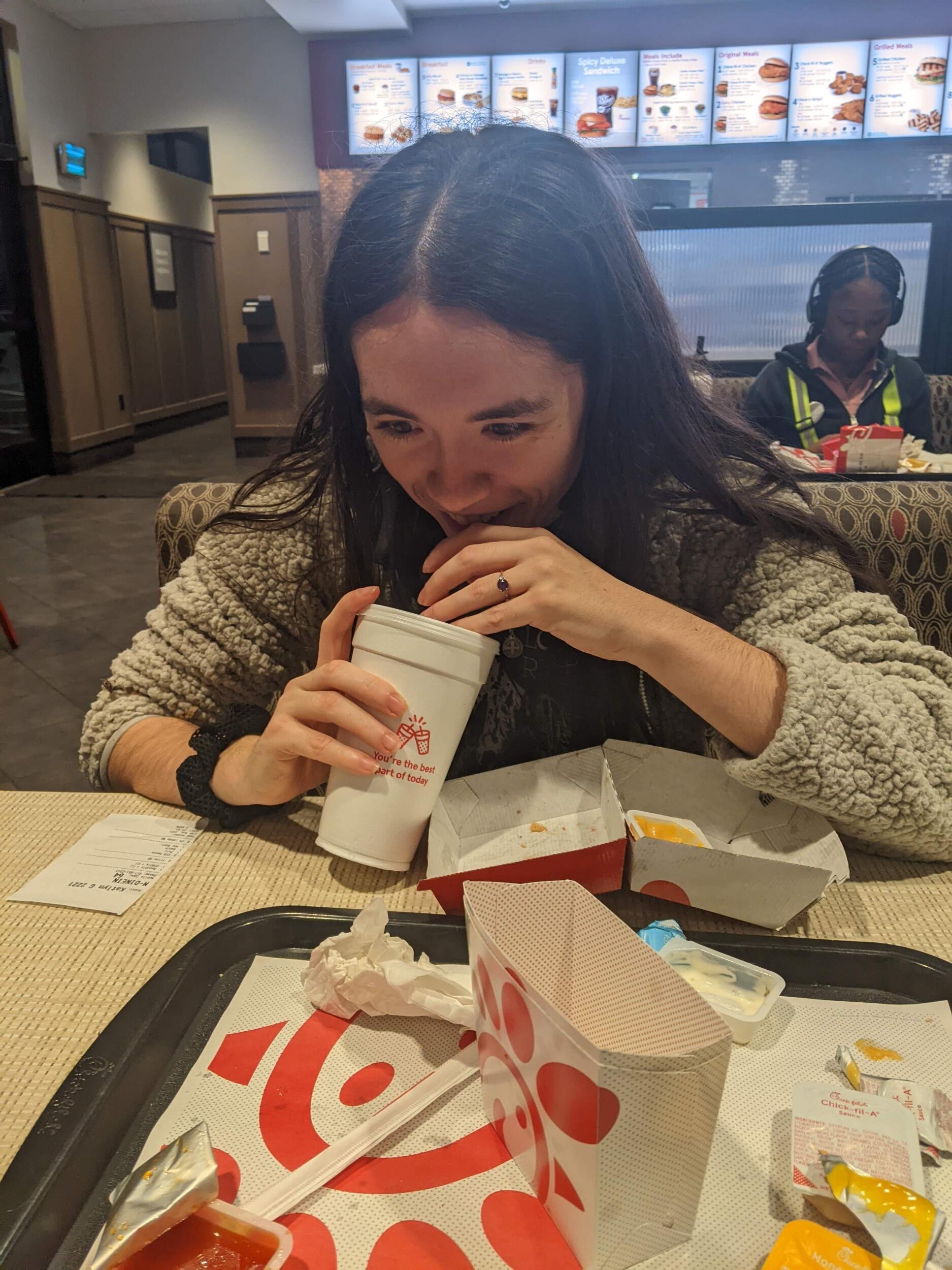 Katlyn experiences one of the most embarrassing moments of her life when she tries to blow her straw wrapper at Ben and instead it lands in the hair of the woman sitting behind him. Ben captures this moment to always remember the humiliation. We love our little chick-fil-a dinners. 
