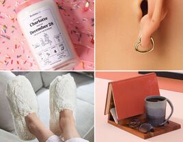 Collage of gift ideas for girlfriend: birthdate candle, heart earrings, book nook, heated slippers